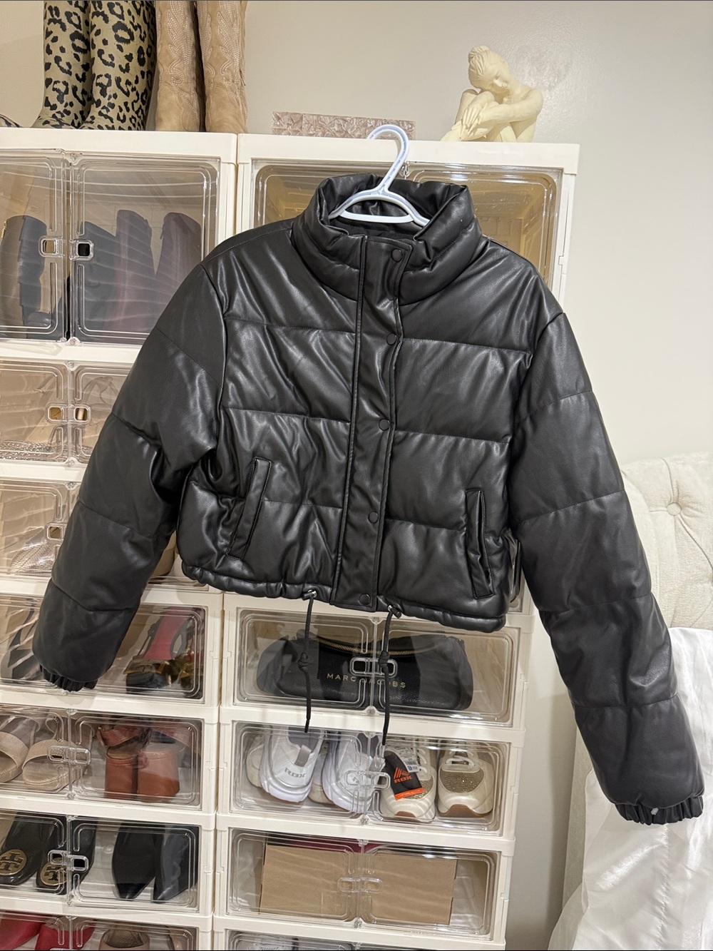 Love Tree Black Cropped Faux-Leather Puffer Jacket